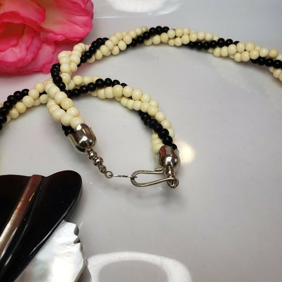 Mother of Pearl & Bone Bead Statement Necklace Black White Multi Strand Necklace - Picture 7 of 12